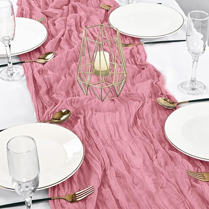 12 Pack Dusty Rose Table Runner, 35x120 Inch Pink Cheesecloth Table Runner with Wrinkle 10ft Long Boho Rustic Gauze Sheer Cheese Cloth for Wedding Party Bridal Baby Shower Table Decor