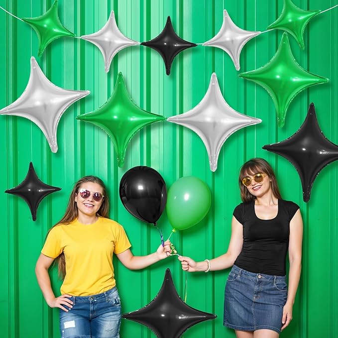 Black Green Silver Star Balloons,12Pcs Four Angle Star Foil Balloons,26Inch and 10Inch Black Silver Green Quadrangle Helium Balloon for Birthday Anniversary Party Decorations