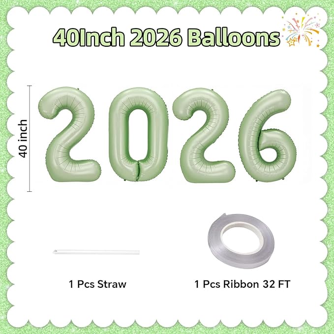 KALOR 42 Inch 2026 Olive Green Mylar Number Balloons, 2026 New Years Foil Balloon for 2026 Happy New Year Eve and Graduations Decorations Party Supplies