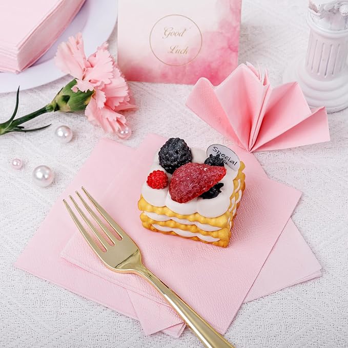 FLOWERCAT 100-Count 2-Ply Pink Cocktail Napkins - Beverage Napkins Disposable Premium Quality - 5" x 5" Pink Paper Napkins for Party & Mother's Day,Bar,Weddings,Birthday