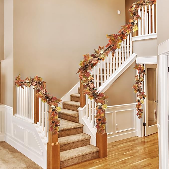 Artgar Fall Garland - 6 Ft Maple Leaf Pumpkin Berry Garland - Fall Decor Garlands with 30 Warming Lights for Thanksgiving Halloween Mantel Table Indoor Outdoor Decor