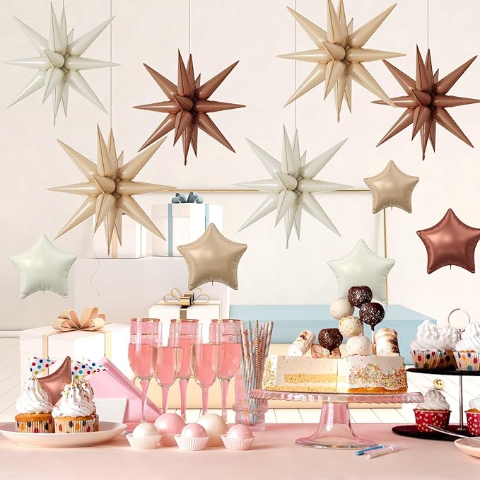 18 Pcs Cream Star Balloons, Caramel Brown Balloon with 6 Pcs 22-Inch Explosion Star Balloons 12Pcs 10-Inch Four Pointed Stars Foil Balloon for Boho Wedding Baby Shower Birthday Party Decoration