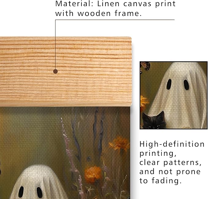 Rustic Ghost and Black Cat Reading Book Wall Art 18.5x14 Inch,Fun Ghost Linen Canvas Wall Hanging Poster Decor, Retro Gothic Haunted House Theme Wall Poster for Library Reading Corner,Halloween Decorations(BLK06)