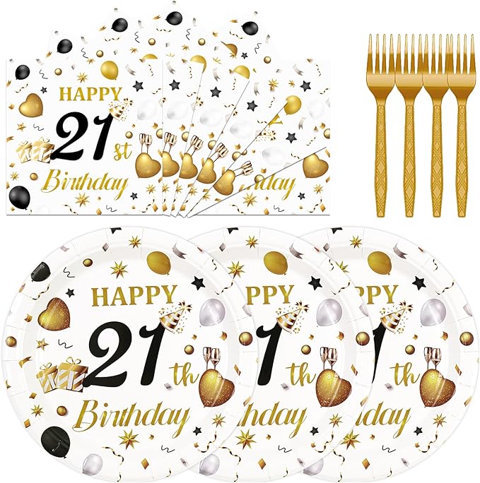 75PCS 21st Birthday Paper Plates and Napkins Party Decorations, 7 Inch White and Gold 21st Birthday Plates Napkins Cheers to 21 Years Tableware Set Party Supplies for Her Him