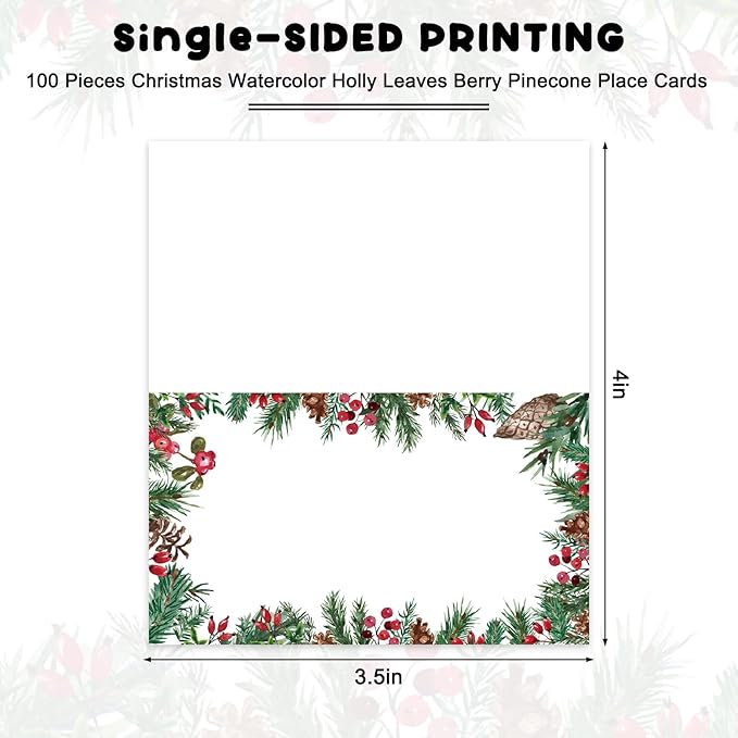 Whaline 100Pcs Christmas Place Cards 2 x 3.5 Inch Holly Berry with Pine Branch Cone Tented Cards Seating Cards for Xmas Wedding Bridal Shower Birthday Party Table Setting
