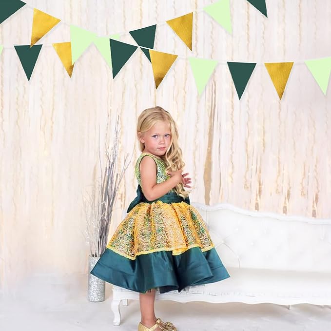 32Ft Dark Green and Gold Decorations Olive Green and Gold Triangle Flag Fabric Banner Pennant Bunting Garland Streamers for Wedding Baby Shower Birthday Home Nursery Outdoor Garden Party Decoration