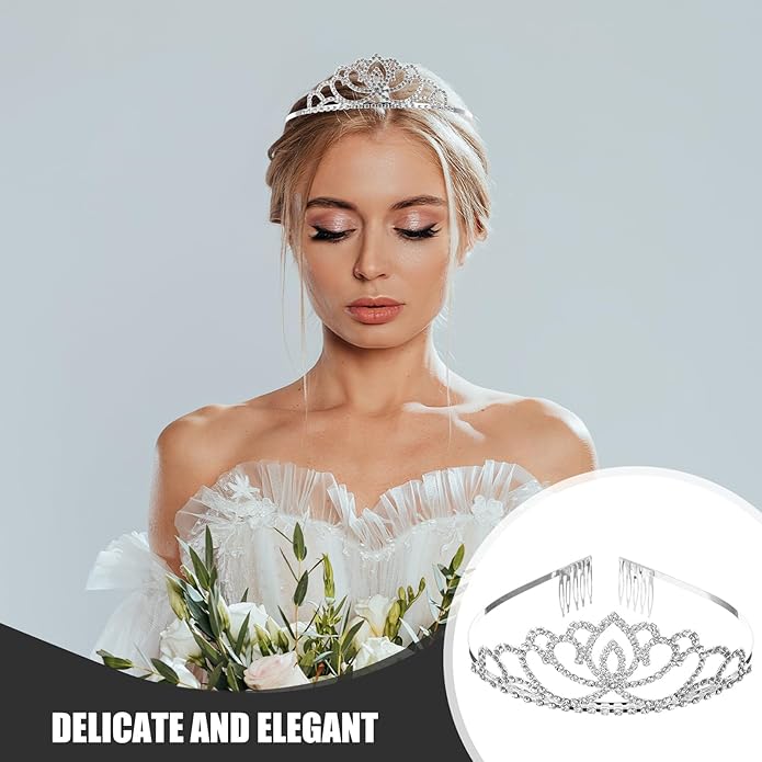 2Pcs Rhinestone Crowns:Silver Crystal Tiaras for Women Girls Princess Queen Wedding Bride Birthday Elegant Headpiece Party Prom Hair Accessories