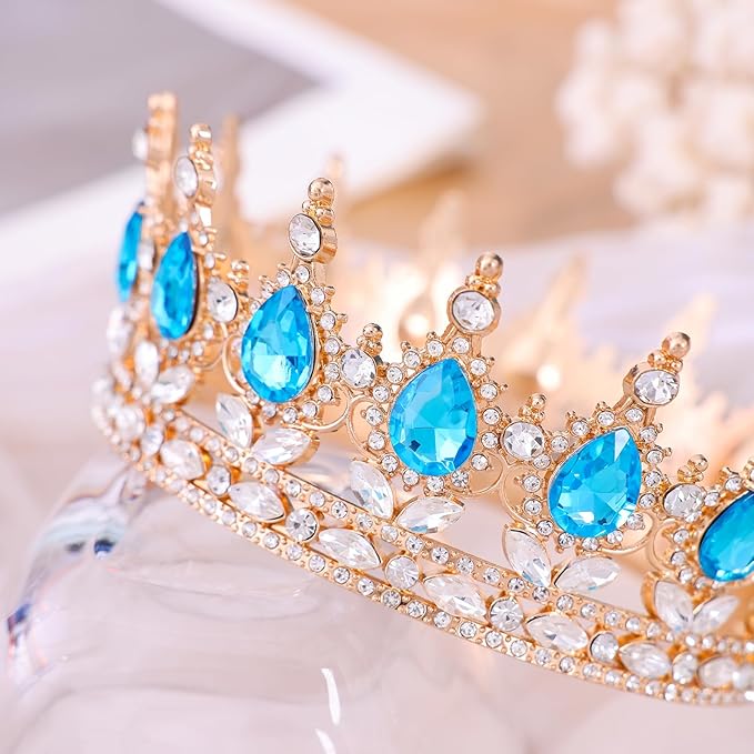 Blue Queen Crown for Women Crystal Tiara for Girl Rhinestone Wedding Headband for Bride Hair Accessories for Costume Birthday Party Prom Gifts