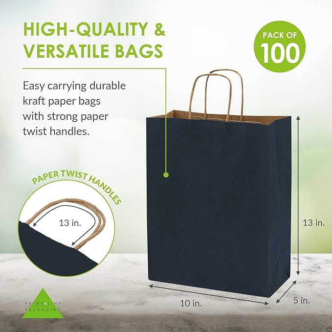 Prime Line Packaging Paper Gift Bags, Navy Blue Gift Bags with Handles, Medium Shopping Bags for Small Business, Retail, Boutiques, Graduation, Bulk, 10x5x13, 100 Pack
