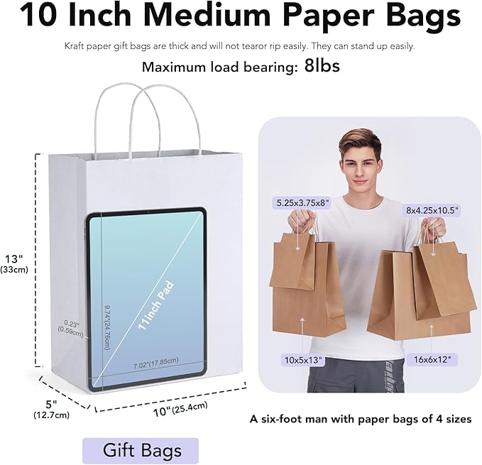 GSSUSA White Kraft Paper Gift Bag with Handles, 10x5x13 Bulk Shopping Grocery Paper Bags 100 Pc, Party Favor, Retail, Small Business, Packaging, Mother's Day, Merchandise, Boutique, Wedding