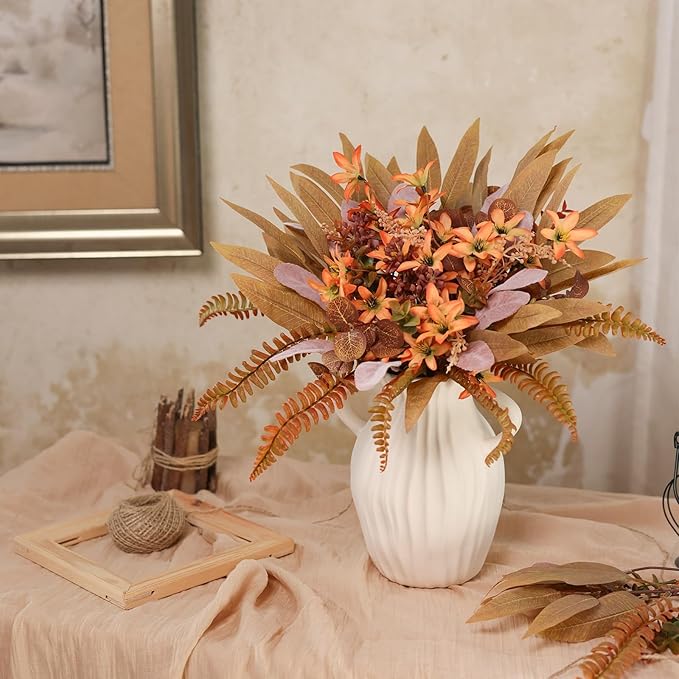 Artificial Greenery Stems Box Set for Fall Decor (Pack of 70pcs) with 8 Kinds of Faux Plants and Fake Flowers for Autumn DIY Wedding Bouquet Table Centerpieces and Floral Arrangement (Brown & Orange)