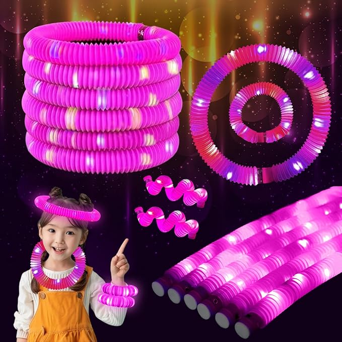 Pink 12PCS Light Up Pop Fidget Tubes Party Favors-Glow in The Dark Party Supplies for Kids and Adults, Perfect for Festivals, Birthday Parties, Raves, Concerts, and Camping Decorations