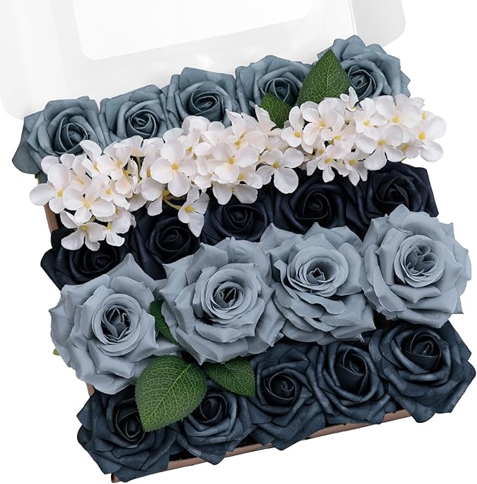TINGE TIME Navy Blue Artificial Flowers Combo Box Set, Gradient Color Fake Flower Leaf with Stems for DIY Wedding Bouquets Table Centerpieces Baby Shower Home Party Floral Arrangements Decorations