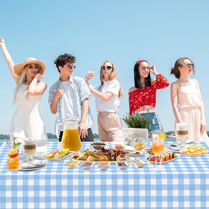 2 Pack Light Blue Gingham Tablecloth Rectangular Pale Blue and White Checkered Tablecloths Disposable Plastic Plaid Table Cover for Parties, Outdoor Picnic, Birthday, Wedding, Camping 54 × 108 Inch