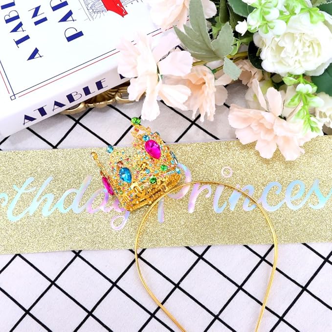 Birthday Princess Sash for Women Tiara & Crowns Headbands for Girls Happy Birthday Party Accessories Favor Supllies Leona Gold Pink, 2 Pack