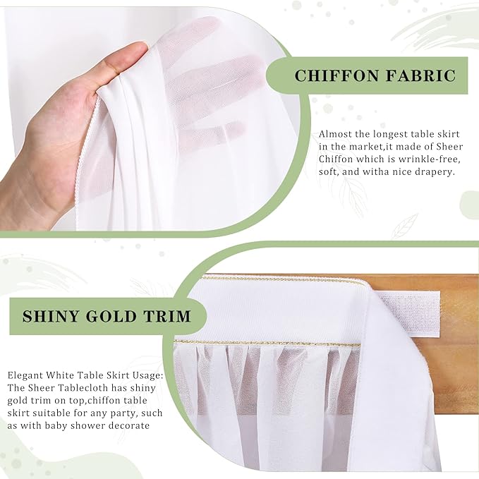 White Table Skirt for Rectangle Tables Chiffon Table Skirt 9FT Sheer Tablecloth for Birthday Party Sweetheart Cake Table Decoration Wedding Table Skirt