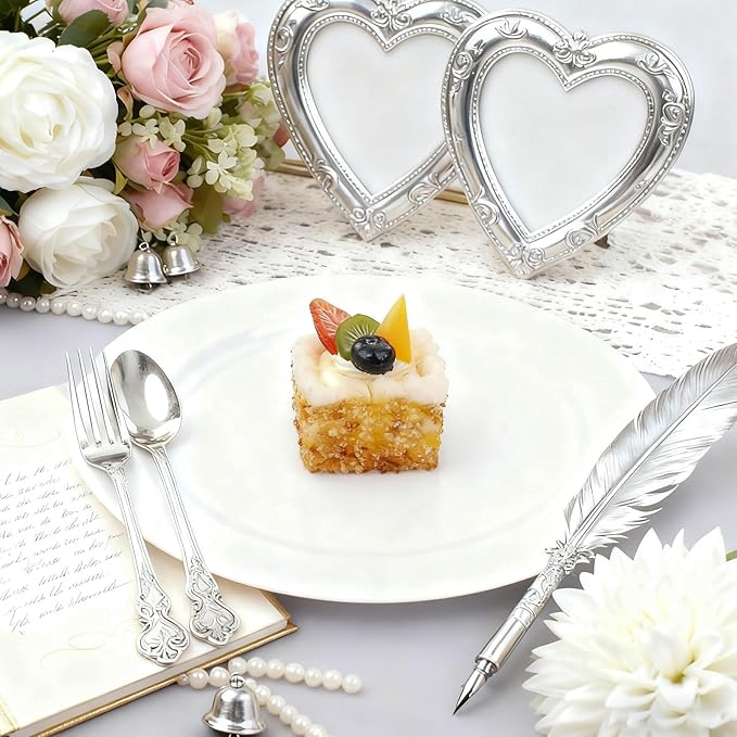 MENDENG 50PCS White Plastic Plates for Party, 25x10.25 Dinner Plates & 25x7.5 Dessert Plates, Heavy Duty Disposable Plastic Plates for Wedding Party Picnic Family Dinner