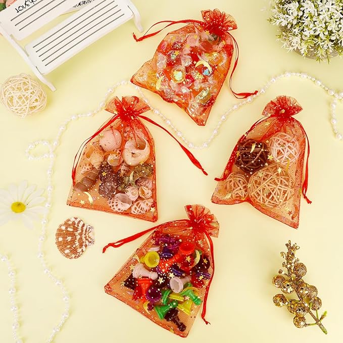 Moon Star Organza Bags 4x6 Small Mesh Bag Drawstring 50 Pcs Mesh Gift Bags Drawstring Pouch Wedding Favor Bags Jewelry Pouches Bulk Gift Pouch for Candy Soaps Birthday Festival Party Supplies, Red