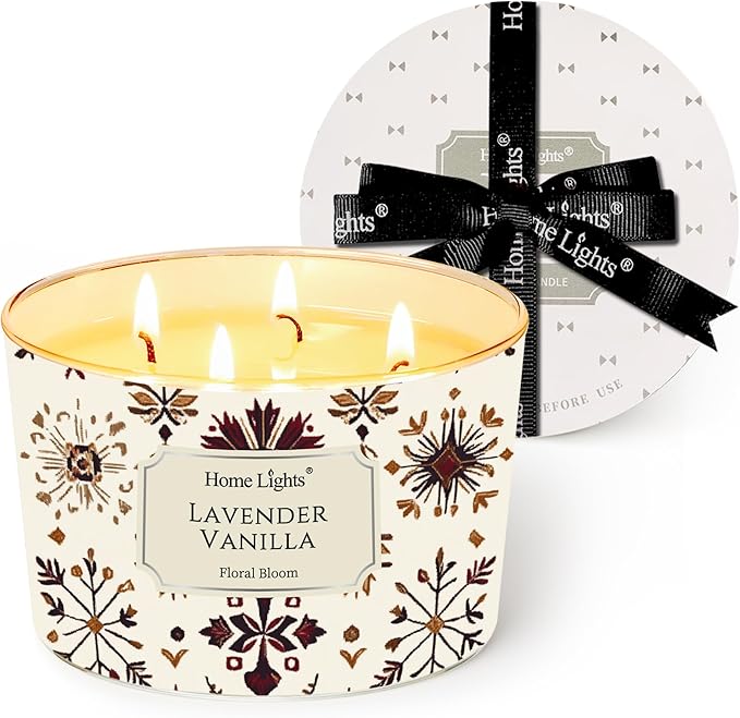HomeLights Large jar Candle | 4-Wick Long-Lasting Scented Candles, 18oz Natural Soy Wax Candle for Home Scented, Bohemian Natural Textures Gifts for Women & Men, Lavender Vanilla