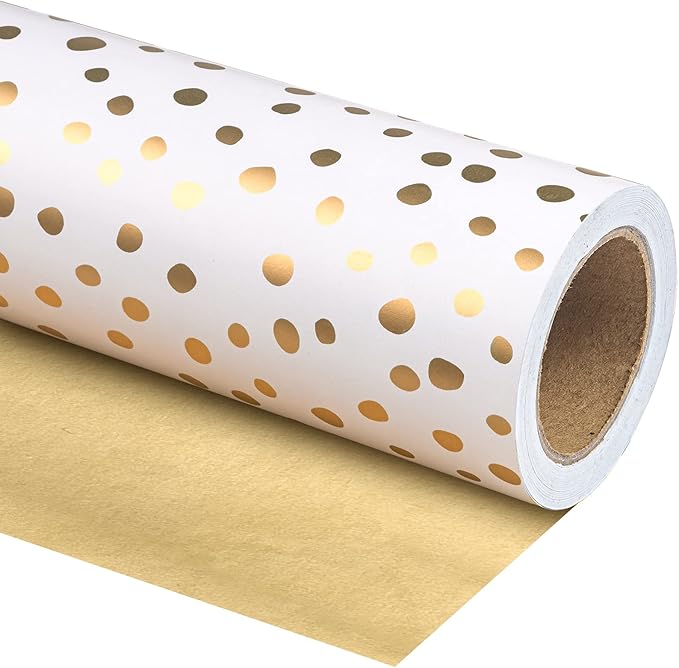 WRAPAHOLIC Reversible Wrapping Paper - Mini Roll - 30 Inch x 33 Feet - Gold Print and Delicate Polka Dot Wrapping Paper for Birthday, Holiday, Wedding, Baby Shower