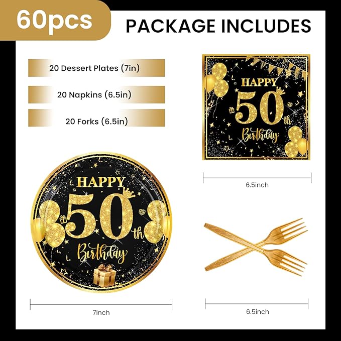 50th 7 inch Birthday Party Paper Plates and Napkins Forks 60 pcs Black Gold Decorations for Boys Girls Tableware Set for Birthday Anniversary Party Supplies,Serve 20