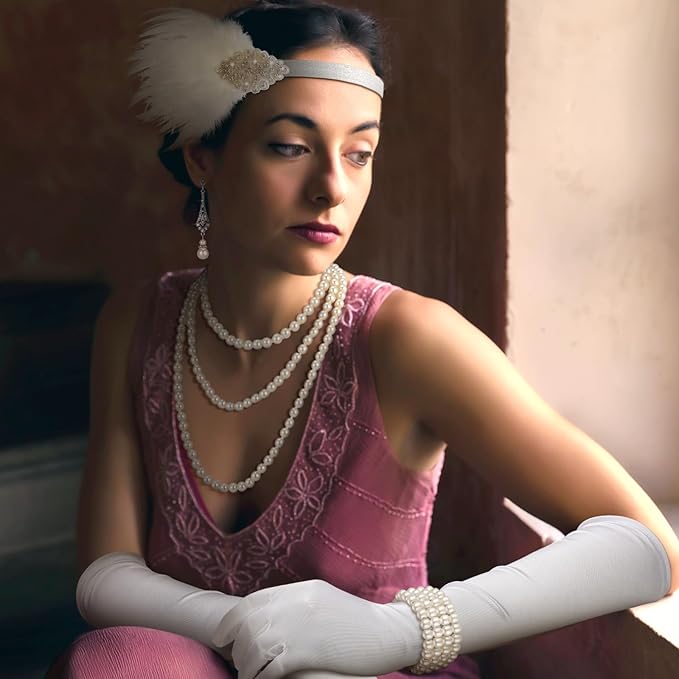 Maitys 1920s Accessories Set for Women Flapper Costume Feather Headband Necklace Bracelet Earrings