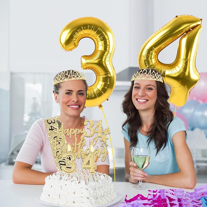 34th Birthday Decorations for Women Gold with 34th Birthday Sash and Crown, Cake Topper and Candles, Number Balloons, 34 Year Old Gifts for Women