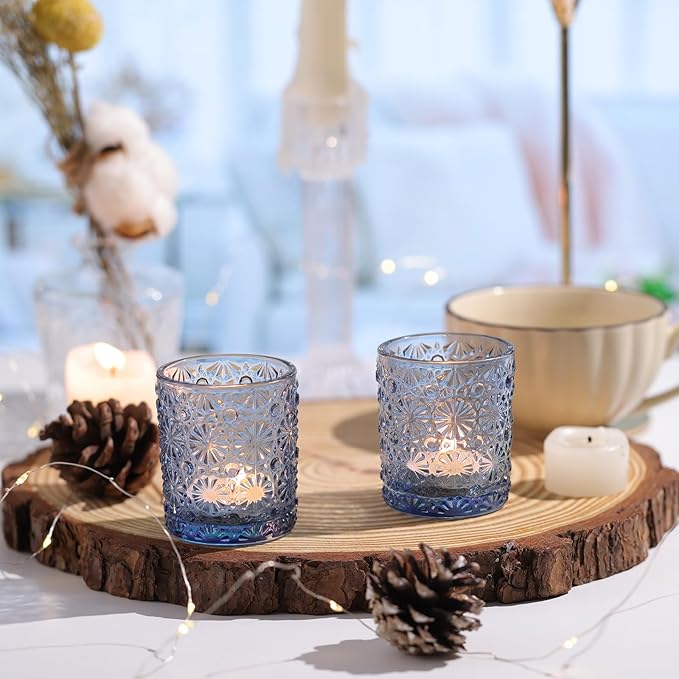 Blue Votive Candle Holder Set of 12, Flower Tea Lights Candles Holders for Wedding Table Centerpieces, Birthday Parties, Home Decor, Blue Bridal Shower and Holiday Decorations