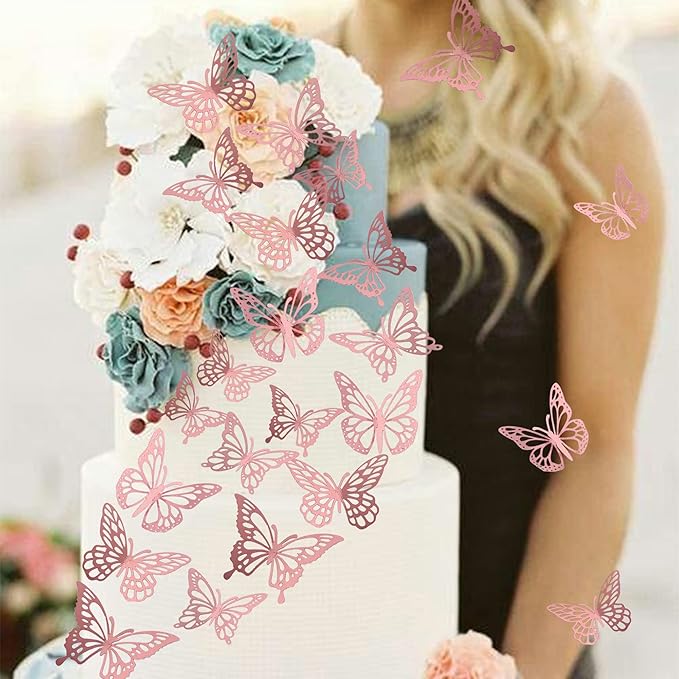 40 PCS Lively 3D Butterfly Cupcake Toppers - Laser Cut Hollow Butterfly Cake Decorations for Baby Shower, Wedding, Anniversary & Birthday Parties - Mixed Styles, Rose Gold