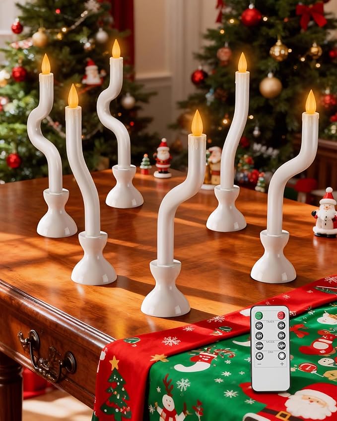 COOLWUFAN Window Candles with Remote Timer, 6 Pcs Flameless Taper Candles Battery Operated with White Holder, Realistic LED Flickering Flame Dripless, Christmas Decorations Indoor for Home Party Fall
