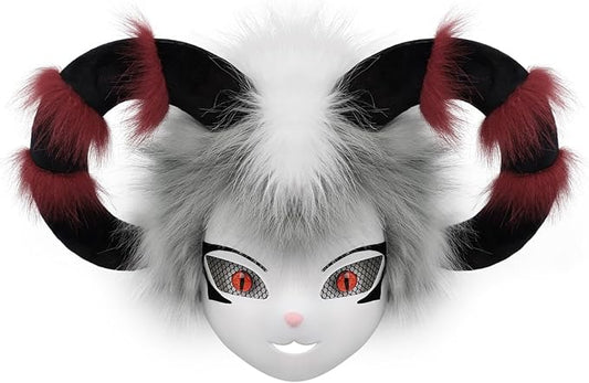 Faux Fur Animal Fox Cow Horn Face Mask for Masquerade Halloween Party Cosplay Costume Accessory