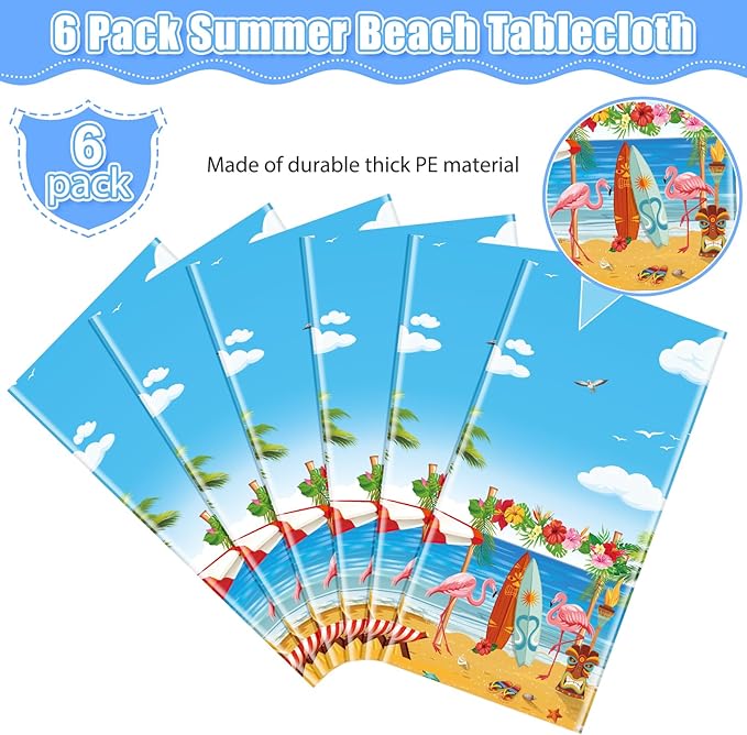 6 Pack Summer Beach Plastic Tablecloth Party Decorations, Disposable Aloha Luau Hawaiian Tablecloth, Flamingo Surfboard Table Cover for Summer Beach Pool Hawaiian Theme Party Decorations, 54 x 108Inch