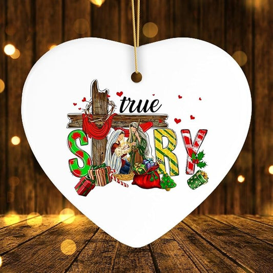 True Story Joseph and Mary Holiday Festive Christmas Ornament, Christian Nativity Gift (Heart)