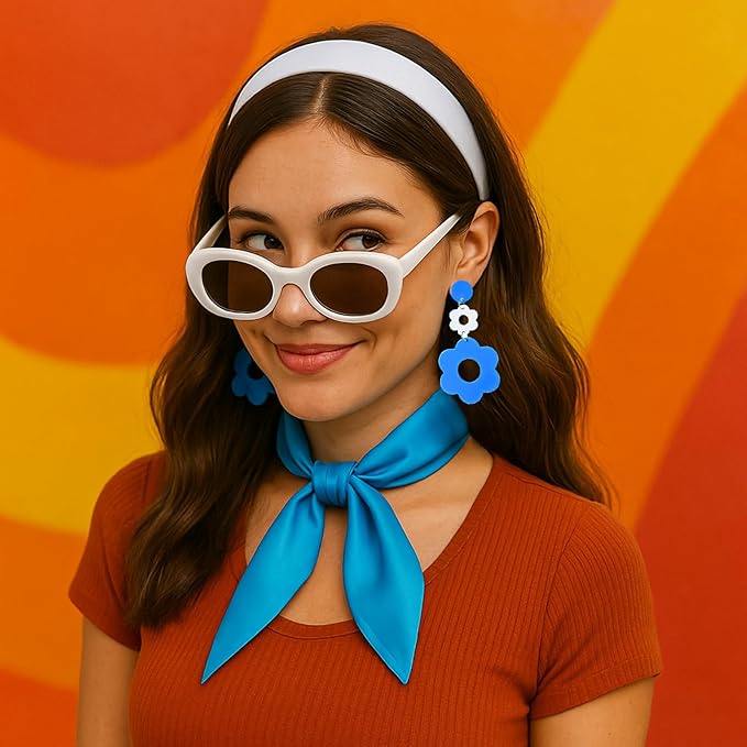 4 Pcs 70s 60s Accessories Women Hippie Disco Groovy Costume Accessories Headband Dangle Earrings Sunglasses Silk Scarf