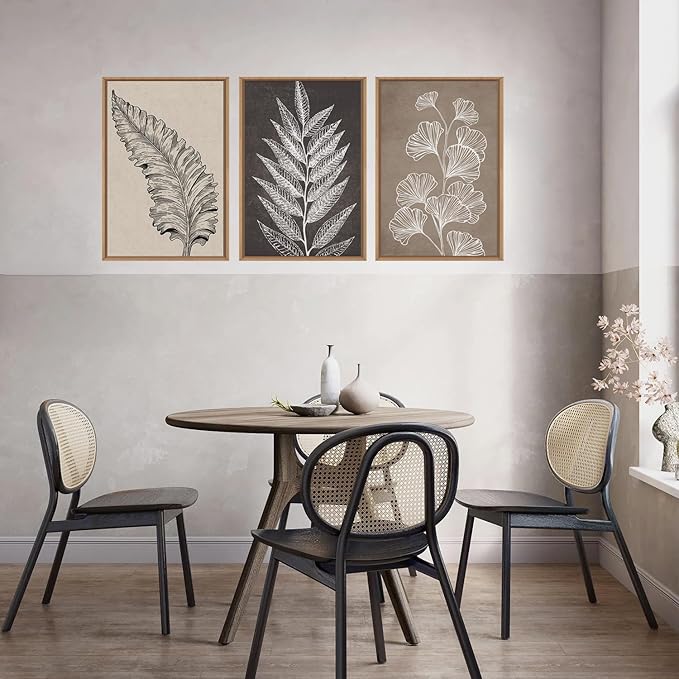 HOURIA Beige Brown Botanical Leaf Framed Canvas Wall Art Set,Modern Natural Leaves Wall Decor,Vintage Minimalist Floral Artwork,Black and White Plant Art Print for Living Room,Bedroom,Office-16"x24"x3