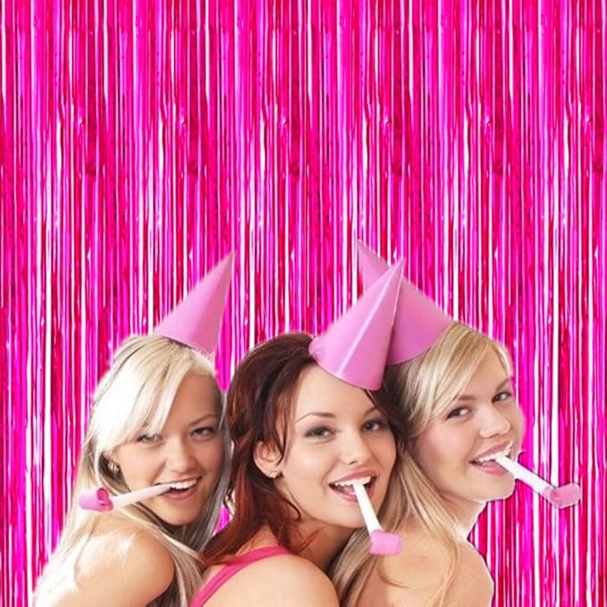 2 Pcs 3.2ft x 8.2ft Shiny Hot Pink Metallic Tinsel Foil Fringe Curtains Photo Booth Backdrop for Birthday Wedding Holiday Celebration Bachelorette Party Decorations