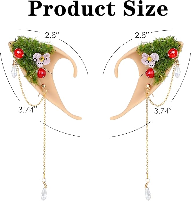 FRESHME Forest Mushroom Elf Ears, Soft Fairy Ears with Mushroom Moss and Flower Elven Ear Cuffs Halloween Renaissance Cosplay