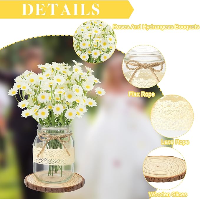 Set 6 Mason Jar Table Centerpiece - Wedding Centerpieces for Tables, Mason Jar Flower Centerpiece Vases Decor- Boho Farmhouse Rustic for Engagement, Bridal Shower, Wedding, Versatile Decor (Chamomile)