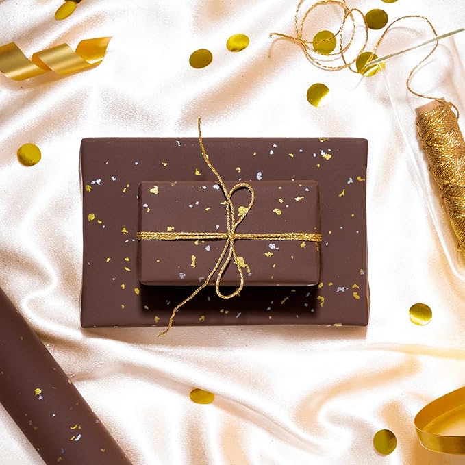 WRAPAHOLIC 30 Inch Jumbo Chocolate Brown Wrapping Paper Roll - 30 Inch x 16.5 Feet - Chocolate Brown Gold Design with Silky Touch Perfect for Birthday, Holiday, Wedding, Baby Shower