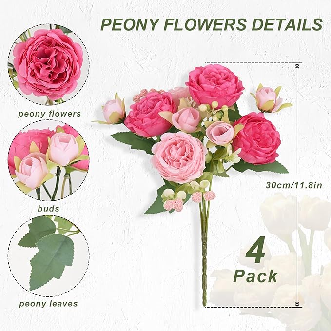MARTINE MALL 4 Packs Peonies Artificial Flowers, Mixed Pink Artificial Peonies, Silk Peonies Flowers Fake Peonies Artificial Flowers Peonies Bouquet for Centerpiece Table Wedding Party Home Decor