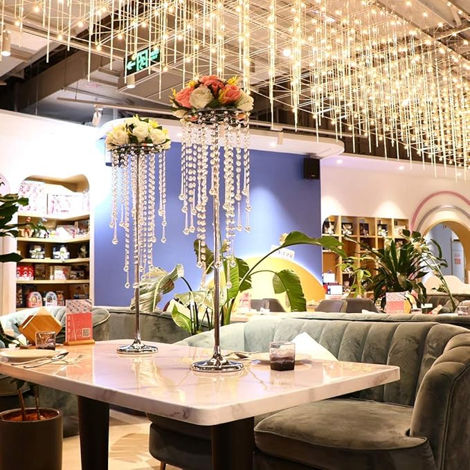 29.5 inches Tall Silver Vases Wedding Centerpieces, Elegant Metal Flower Candle Holder with Chandelier Crystal,for Wedding Party Event,Birthday,Reception,New Year Home Decorations