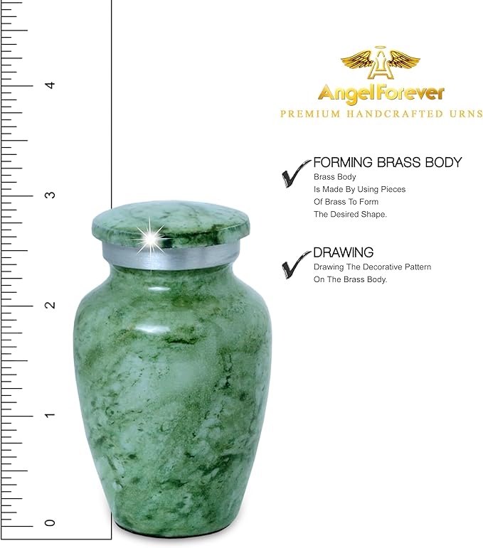 Small Keepsake Urn for Human or Pet Ashes – Handcrafted Light Green Marble Mini Urn with Velvet Bag & Gift Box | Durable Metal Memorial Token Jar for Baby, Infant, Pet or Loved One – 3 Cu in