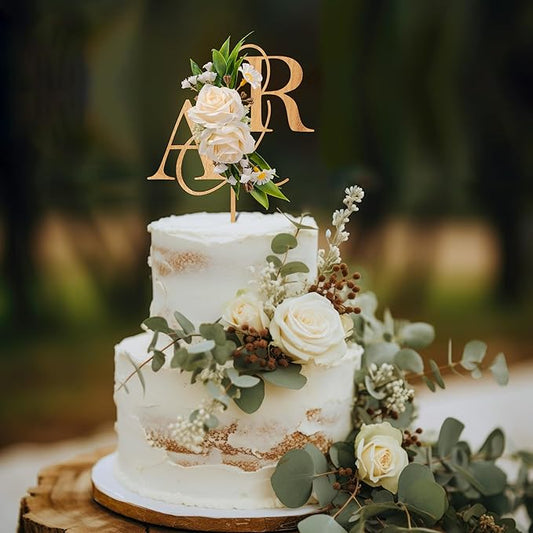 Wedding Cake Topper with 3D Artificial Flowers and Green Leaves Custom Initials Personalized Wooden Anniversary Cake Decoration (Oak Finish)