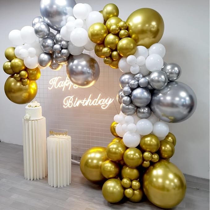 127pcs Silver Gold White Latex Balloons Garland Arch Kit 18in 12in 10in 5in for Birthday Baby Shower Wedding Graduation Party Decors (Silver Gold White)