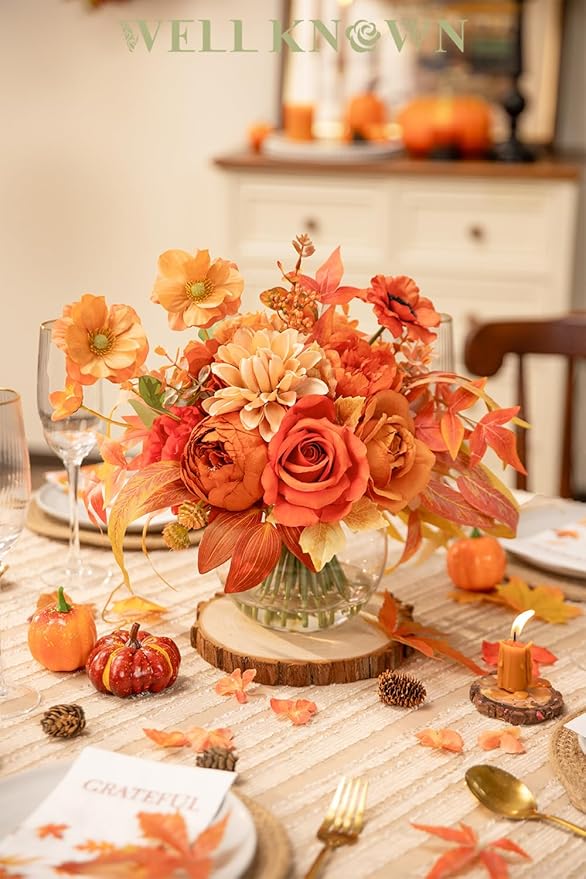 WELL KNOWN Artificial Flowers in Vase, Silk Rose Peony Flower Bouquet Table Centerpieces with Faux Water for Fall Home, Fake Flower & Maple Arrangement for Seasonal Party Decor (Burnt Orange & Earth)