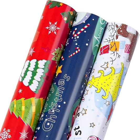Linnoptimix Christmas Wrapping Paper Rolls -3 LARGE ROLL-27inch*78 inch per roll Colorful Foil Red White Blue wrapping paper(Christmas White/Red/Blue（005）)