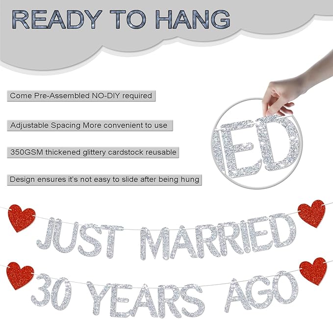 Just Married 30 Years Ago Glitter Banner,With adhesive hooks-NO DIY,30th Wedding Anniversary Party Decorations, We Still Do 30th Decor, 30 Years Blessed & Loved Decorations Supplies Silver&Red Glitter