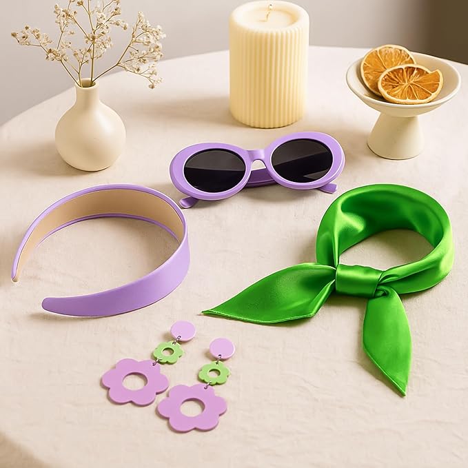 4 Pcs 70s 60s Accessories Women Hippie Disco Groovy Costume Accessories Headband Dangle Earrings Sunglasses Silk Scarf
