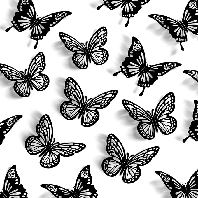 Halloween Black Butterfly Decorations Wall Decor,48Pcs 2 Styles 3 Sizes Butterflies Stickers for Cake Cupcake Toppers, 3D Paper Butterfly Decals for Birthday Goth Party Bathroom