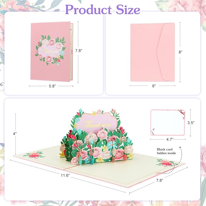 3D Flowers Thank You Card - Rose Thank You Pop Up Card with Envelopes for Family Friends Colleague Teacher Doctor Nurse Appreciation Gifts